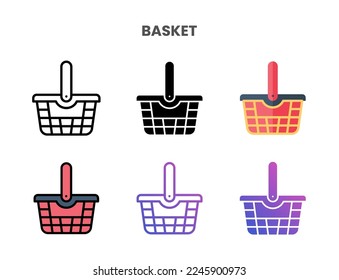 Basket icons vector illustration set line, flat, glyph, outline color gradient. Great for web, app, presentation and more. Editable stroke and pixel perfect.