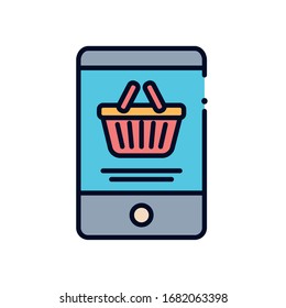 basket inside smartphone line fill style icon design of Shopping commerce market store shop retail buy paying banking and consumerism theme Vector illustration