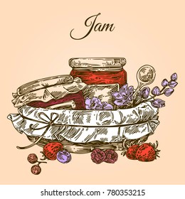 Basket with jars of jam, flowers, berries and spoon. Engraving style. Vector illustration.