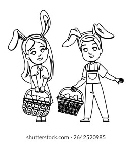 basket kid easter eggs vector. spring celebration, tradition family, fun colorful basket kid easter eggs character. people black line pencil drawing illustration