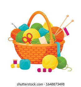 Basket with knitting balls, bright decorative home hobby. Colorful woolen warm knitwear. Vector knitting tools cartoon illustration isolated on white background