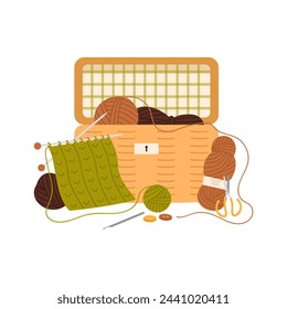 Basket with knitting materials. Wool basket, handmade hobby, handicraft instruments cartoon vector illustration