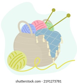 Basket with knitting, multi-colored wool balls of yarn and knitting needles and a plaid. Vector illustration in flat cartoon style for World Knitting Day.