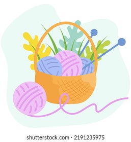 Cesta con bolas de lana multicolor de hilo y agujas de punto. Composición decorativa decorada con hojas de roble. Ilustración vectorial en estilo plano de dibujos animados para el Día Mundial del Acento.