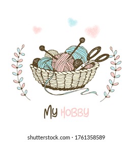 Basket with knitting, skeins of yarn, wool and needles. Vector