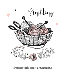 Basket With Knitting, Skeins Of Yarn, Wool And Needles. Vector