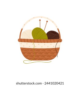 Basket with knitting tools. Wool basket, handmade hobby, handicraft instruments cartoon vector illustration