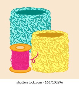 Basket of knitting yarn. Green and yellow baskets, pink threads in vector