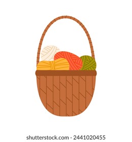 Basket with knitting. Yarn basket, handmade hobby, handicraft instruments cartoon vector illustration