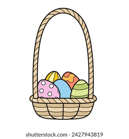Cesta con un gran mango lleno de huevos de Pascua pintados variación de color sobre un fondo blanco. Imagen producida sin el uso de ningún tipo de software de IA en ninguna etapa