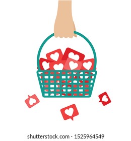 Basket with like icons.Vector image on white background