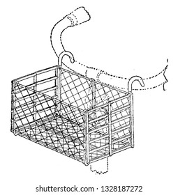 A basket like structure used to carry things in or ship it to somewhere. It can be folded and attached to a bicycle, vintage engraved line art illustration. Bicycle Accessories - 1900