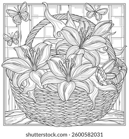 Basket with lilies and butterflies in a square frame.Coloring book antistress for children and adults. Illustration isolated on white background. Hand draw