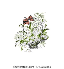 Basket of lilies of the valley. Bouquet of spring flowers. 