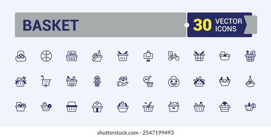 Basket linear icon collection. Includes thin line sing, sell, supermarket, buy, cart, trolley, delivery and more. Minimal linear icons. Editable vector outline and solid icons.