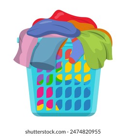 Basket with linens, Laundry basket with dirty clothes. Vector illustration in flat style