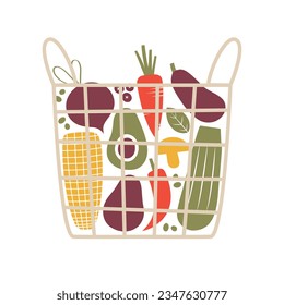 Basket with local vegetables, veggies. Vector illustration with fresh organic production, corn, carrot, avocado, zucchini, chili, eggplant, beet. Cartoon flat clip art.