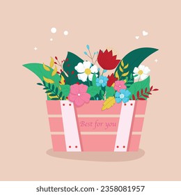 A basket of lovely beautiful flowers. Festive basket." Best for you" Vector illustration, holiday concept