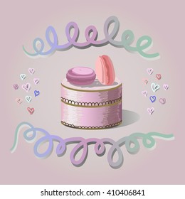 Basket with macaroons, sweet box, candy, vector illustration, hand drawn french desserts, vintage post card