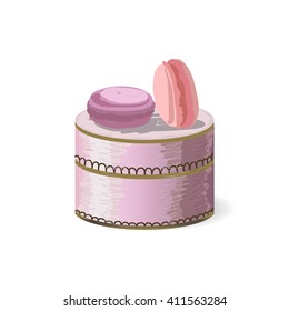 Basket with macaroons, sweet box, candy, vector illustration, hand drawn french desserts, vintage post card