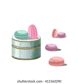 Basket with macaroons, sweet box, candy, vector illustration, hand drawn french desserts, vintage post card