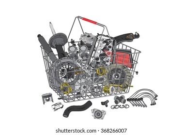 Basket with many auto parts for the passenger car. Auto parts for shop, aftermarket, OEM. Auto parts like in shop. New auto parts from OEM. Many auto parts for car. New auto parts in basket.