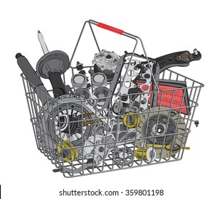 Basket with many spare parts for the passenger car.