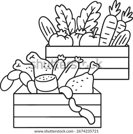 Basket with Meat and Vegetables Isolated Coloring 