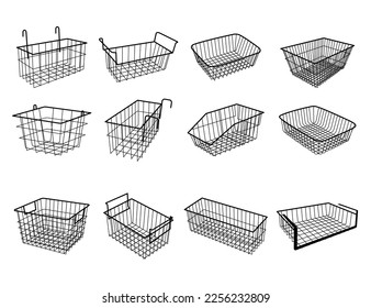 Basket metallic collection on white background. Set of metallic basket