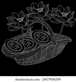 Basket with money and flowers. The pictures are perfect for creating cards, stickers, banking logos and other projects. Antistress drawing for colorin