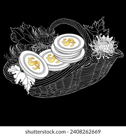 Basket with money and flowers. The pictures are perfect for creating cards, stickers, banking logos and other projects. Antistress drawing for colorin