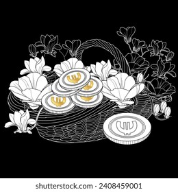 Basket with money and flowers. The pictures are perfect for creating cards, stickers, banking logos and other projects. Antistress drawing for colorin