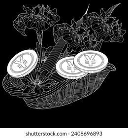 Basket with money and flowers. The pictures are perfect for creating cards, stickers, banking logos and other projects. Antistress drawing for colorin