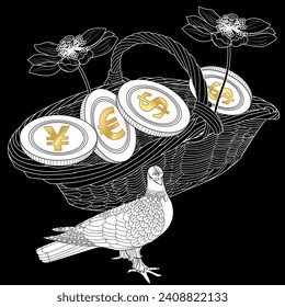 Basket with money and flowers. The pictures are perfect for creating cards, stickers, banking logos and other projects. Antistress drawing for colorin