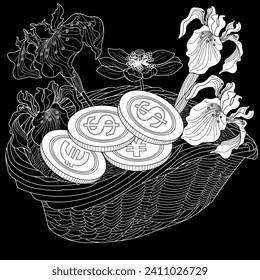Basket with money and flowers. The pictures are perfect for creating cards, stickers, banking logos and other projects. Antistress drawing for coloring.
