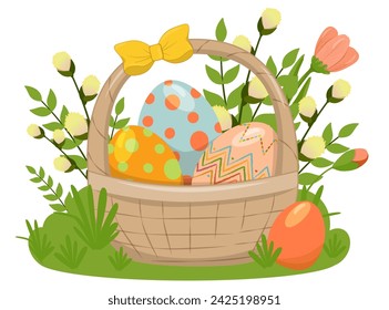 A basket with multi-colored Easter eggs, decorated with a bow, stands in flowers. Basket with eggs and tulips. vector illustration for cards, posters, banners. Children s illustration.