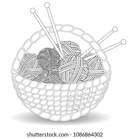 Basket with multi-colored tangles in a square Frame of multi-colored balls of wool