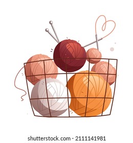 Korb mit mehrfarbigen Wollbällen. Detaillierte Vektorgrafik.