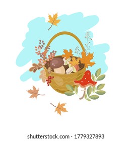 Basket with mushrooms, berries and openwork branches against the sky
