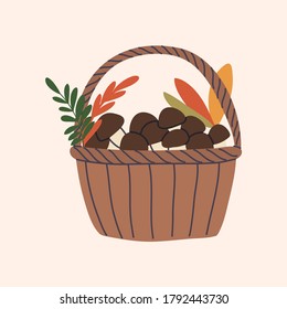 A basket of mushrooms with leaves. Autumn and winter collection. Vector hand drawn illustration.