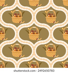 Basket with mushrooms seamless pattern. Damask endless background. Forest mushroom piking retro repeat cover. Edible fungus loop ornament tile. Vector hand drawn illustration.