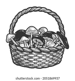basket with mushrooms sketch engraving vector illustration. T-shirt apparel print design. Scratch board imitation. Black and white hand drawn image.
