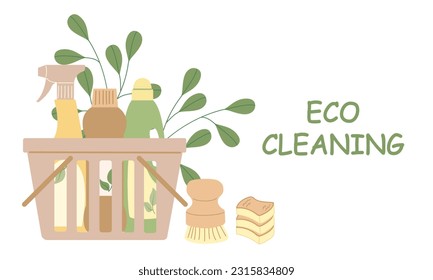 Cesta con detergentes orgánicos naturales, esponja, cepillo. Productos ecológicos para limpieza en casa. Fondo del concepto de limpieza verde