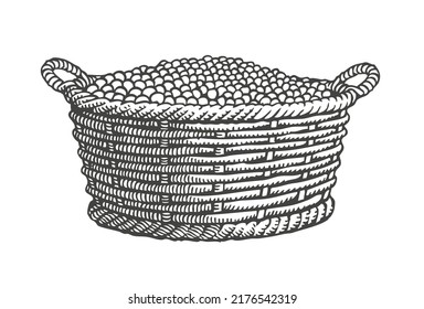 Cesta de aceitunas o granos de café en blanco y negro. Ilustración vectorial editable con máscara de recorte en el estilo de madera.