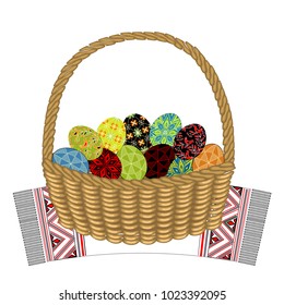 Basket on a decorative towel. In it are Easter eggs with painted ornaments. The symbol of Easter. An ancient tradition of people. Vector illustration.