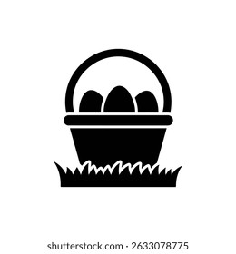 Basket on Grass with Three Eggs, Easter or Spring Decoration
