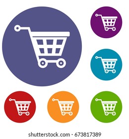 Basket on wheels icons set in flat circle reb, blue and green color for web