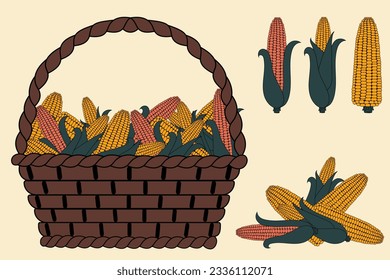 basket with orange and yellow corn heads, mound of corn heads, bright vector illustration