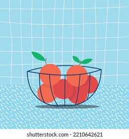 Basket with oranges on blue style. Minimalistic still life.