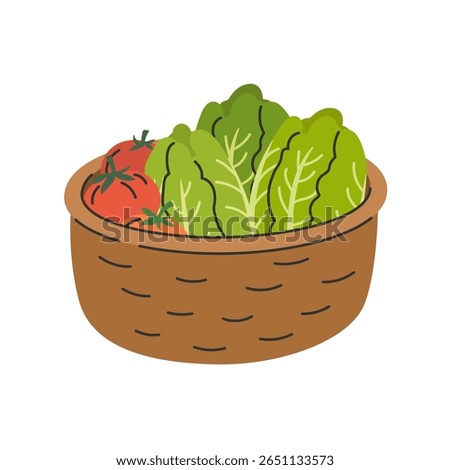 Basket overflowing with fresh lettuce and tomatoes. Flat cartoon style vector illustration isolated on white background
